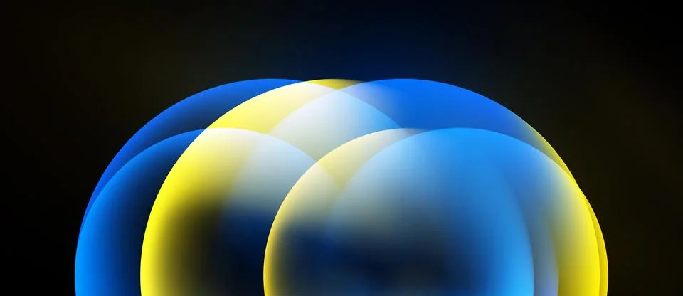 Abstract bubbles overlap, creating vibrant blue, yellow hues. Dark background Illustration