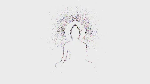 Abstract buddha statue forming from glowing particles on white background Stock Footage 337543631