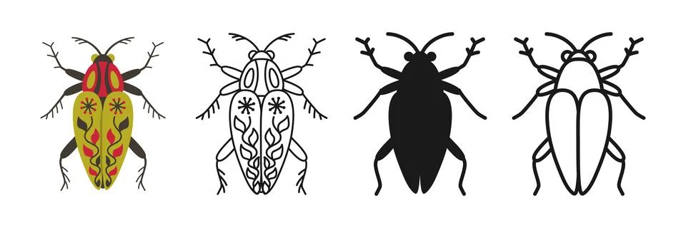 Abstract bug linear icon beetle symbol cartoon set simple sign stylized folk Stock Illustration