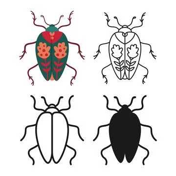 Abstract bug linear icon beetle symbol cartoon set simple sign stylized folk Stock Illustration