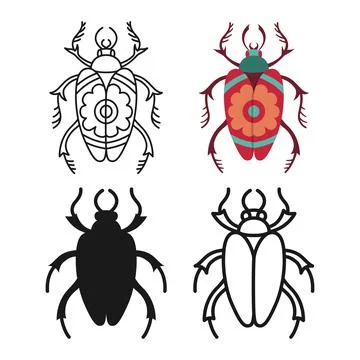 Abstract bug linear icon beetle symbol cartoon set simple sign stylized floral Stock Illustration