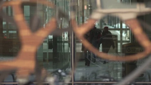 Abstract Building Lobby Looking Through Window, People Enter Stock Footage 126937196