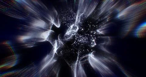 Abstract burst of white particles and light streaks on a dark background, c.. Stock Illustration