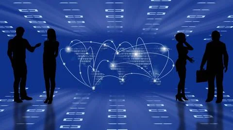 Abstract business background with binary world map - black people silhouette Stock Illustration