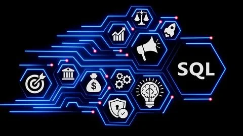 Abstract business concept with SQL and finance icons. Stock Illustration