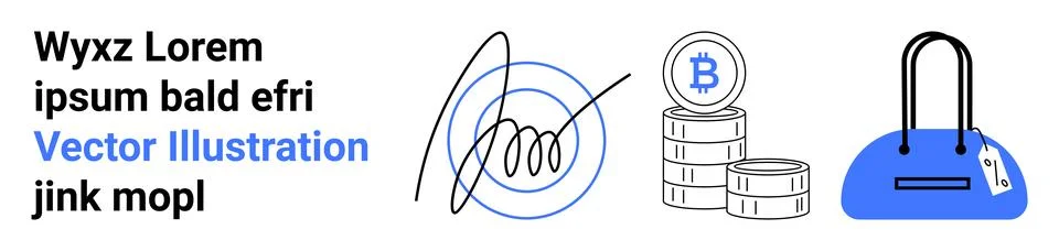 Abstract Business Elements Signed Document, Cryptocurrency Coins, and Blue .. Stock Illustration