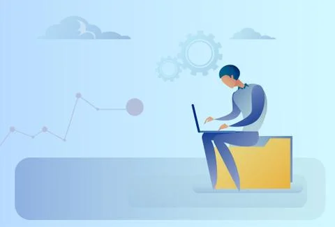 Abstract Business Man Sitting On Data Folder Working Laptop Computer 스톡 일러스트