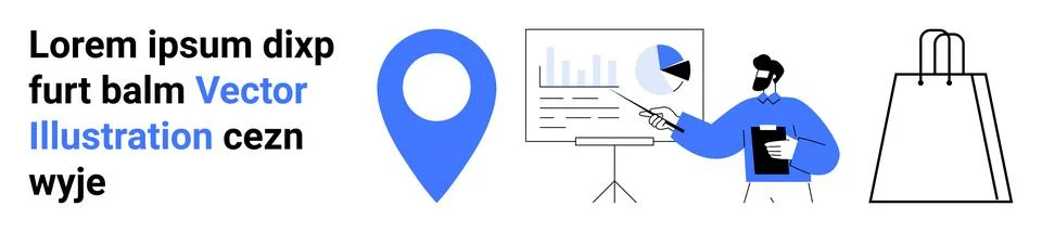 Abstract business presentation with data analysis, location tag, and shoppi.. イラスト素材