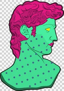 Abstract bust showing flat art with green dots, magenta hair on transparent Illustrazione stock