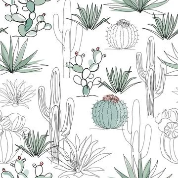 Abstract cactus garden. Continuous line drawing. Seamless pattern Stock Illustration
