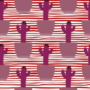 Abstract cactus in pot seamless pattern on stripes background. Cute houseplan Stock Illustration