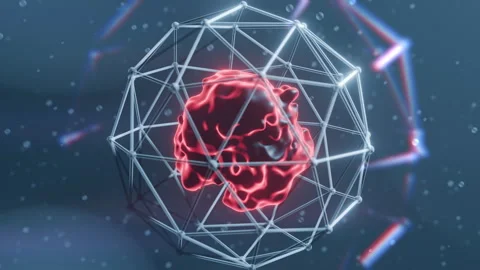 Abstract caged cell pulsing red energy underwater Video stock 318225907