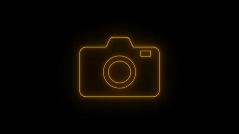 Abstract camera yellow neon glowing icon dark background 4k video with 25fps Stock Footage 345746007