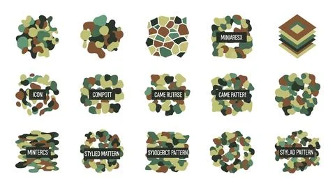 Abstract camouflage pattern icons set with organic army shapes and text ele.. 库存插图
