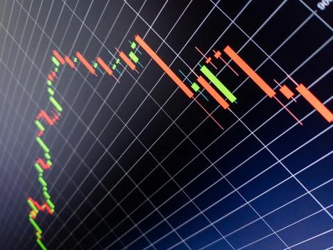 Abstract candlestick chart on dark blue digital screen. Stock market data c.. 스톡 일러스트
