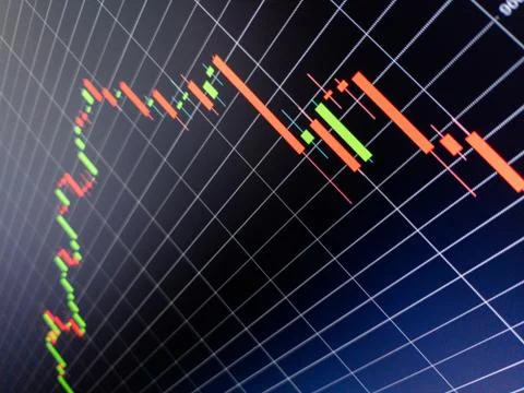 Abstract candlestick chart on dark blue digital screen. Stock market data chart 写真素材