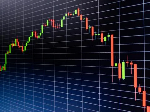 Abstract candlestick chart on dark blue digital screen. Stock market data chart 写真素材