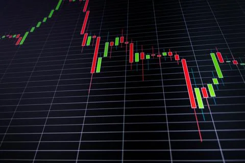 Abstract candlestick chart on dark blue digital screen. Stock market or crypto Stock Photos