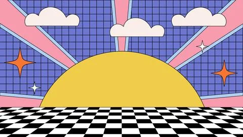 Abstract cartoon background with a sunset. 2D shaped landscape. Stock Illustration