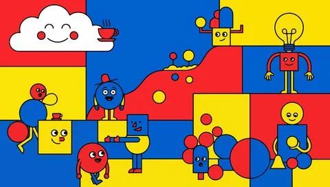 Abstract Cartoon Characters on Geometric Background 스톡 일러스트
