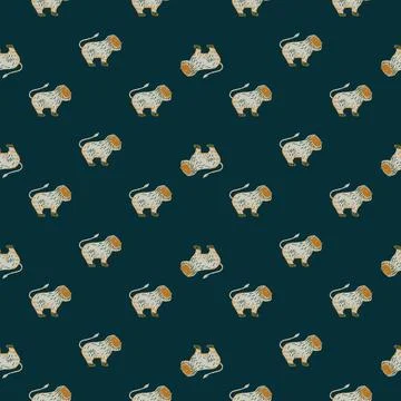 Abstract cartoon seamless zoo pattern with little grey lions and orange eleme Illustrazione stock