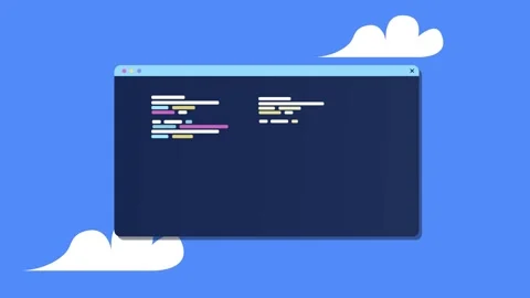 Abstract cartoon stylized 2d programming window with moving shapes in blue c Stock Footage 249869796