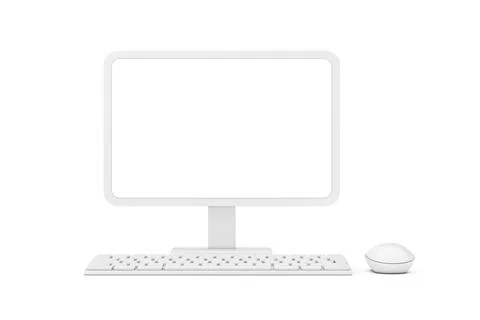 Abstract Cartoon White Desktop Computer with Mouse, Keyboard and Blank Screen Stock Illustration