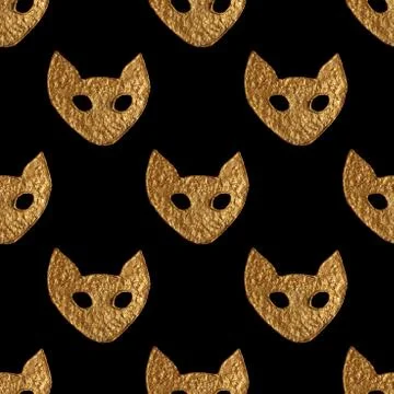 Abstract cat face pattern. Gold hand painted seamless background. Stock Illustration