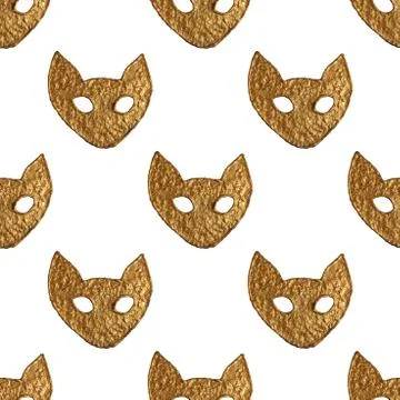 Abstract cat face pattern. Gold hand painted seamless background. Stock Illustration