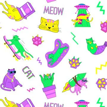 Abstract cat pattern. Seamless print with doodle kitty on skate with UFO and Stock Illustration
