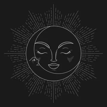 Abstract celestial background with a crescent and moon. Monochrome Stock Illustration