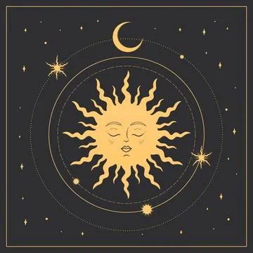 Abstract celestial background with a golden sun, crescent and stars Illustrazione stock