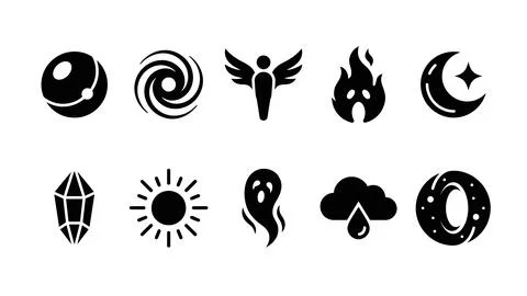 Abstract celestial elements and magic fantasy symbols in solid black silhou.. Stock Illustration