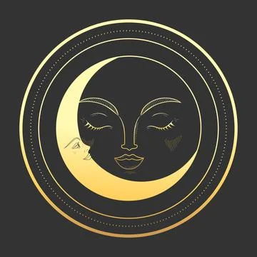 Abstract celestial emblem with a golden crescent and moon. Vector Stock Illustration