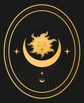 Abstract celestial emblem with a golden sun, crescent and stars Stock Illustration