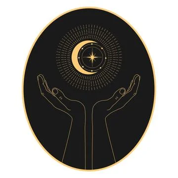 Abstract celestial emblem with human hands holding shining crescent Stock Illustration