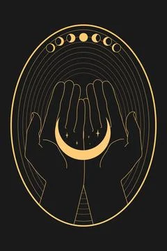 Abstract celestial emblem with human hands holding crescent and stars Stock Illustration