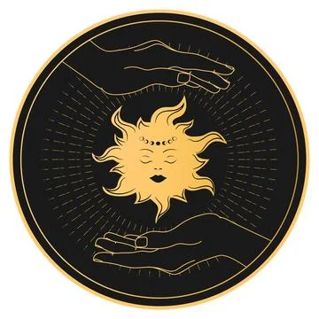 Abstract celestial emblem with human hands holding sun. Vector illustration Ilustración de archivo