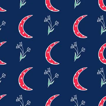 Abstract celestial floral vector seamless pattern design, dark blue backgroun Stock Illustration