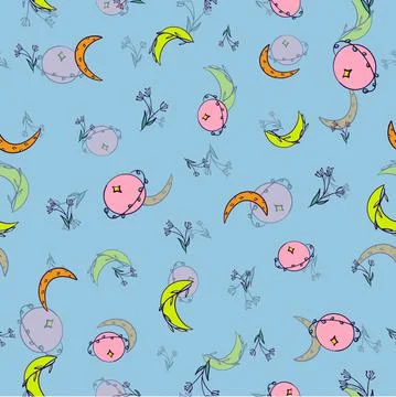 Abstract celestial florals vector seamless pattern on blue background Stock Illustration