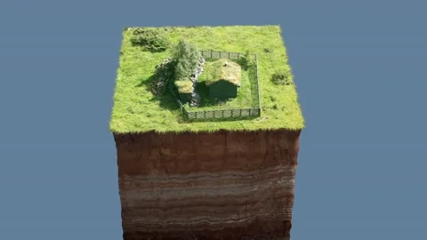 An abstract CGI earth cube. On the top stands a sod roof hut neatly Video stock 155319719
