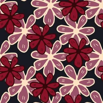 Abstract chamomiles flowers seamless pattern on black background. Hand drawn  Stock Illustration