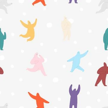 Abstract characters background. Cute yeti, cartoon snowman and giant snowfall イラスト素材