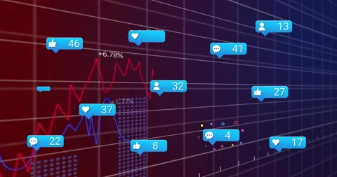 Abstract chart displaying moving line graphs with floating notification icons Stock Footage 307432286