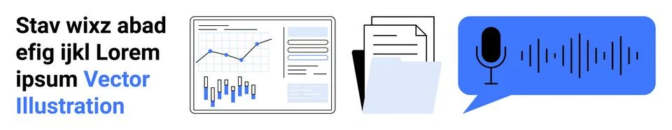 Abstract charts on screen, document stacks, and a voice recognition icon with 库存插图