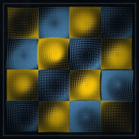Abstract Checkerboard Pattern of Blue and Yellow Dots with Distorted Grid Stock Footage 347811643