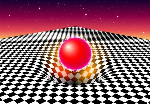 Abstract checkered board background with red ball and gravity effect on the pit 스톡 일러스트