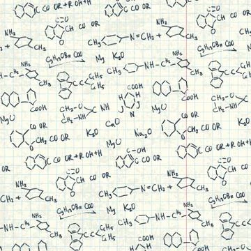 Abstract chemistry formulas on exercise book paper sheet. vector background,  Illustrazione stock