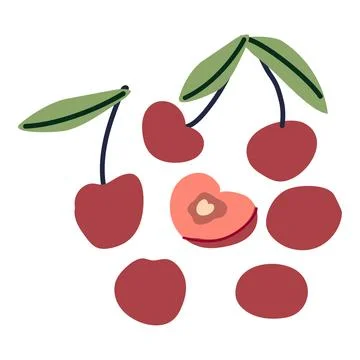 Abstract cherry set. Cartoon berry with flower and leaves. Stock Illustration