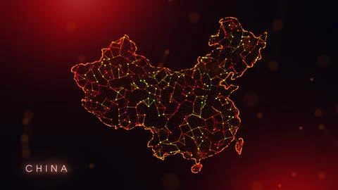 Abstract China Map Digital Network Background With Red And Orange Plexus Dots Stock Illustration